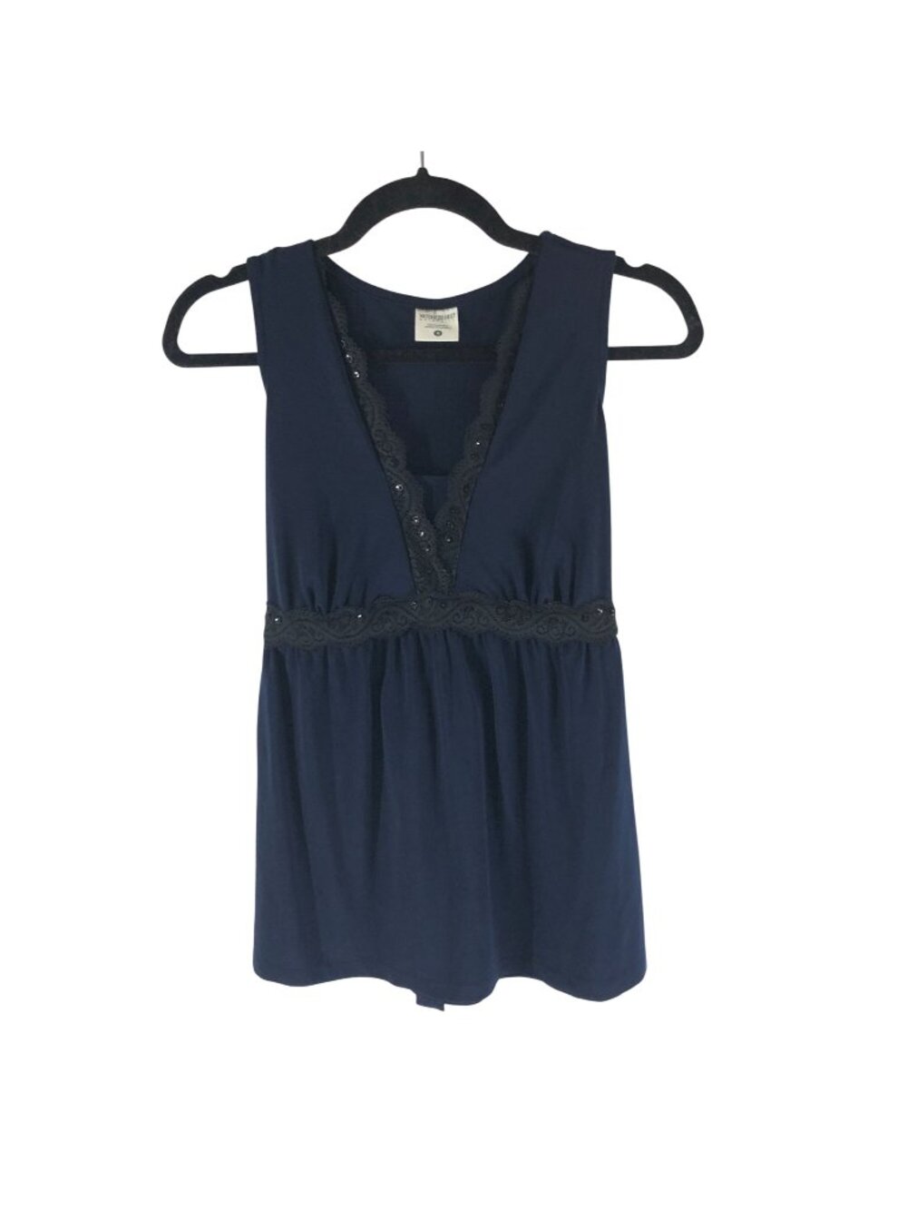 Motherhood Maternity Navy Blue Sleeveless Top With Lace Trim Tie Waist Size M